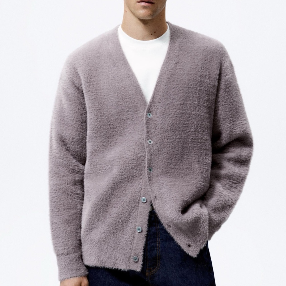 Zara men’s soft textured cardigan dusty mauve sz L NWT - Picture 3 of 10